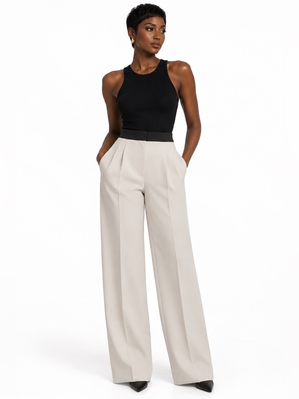 Gibson Latimer Cream Wide-Leg Trousers with Black Waistband